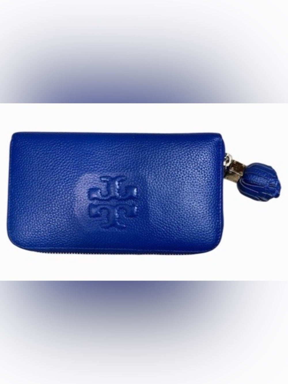 Tory Burch Blue Pebbled Continental Leather Zip Around Wallet Tassel Gold Tone